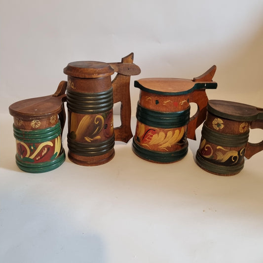 Vintage Kurbits Painted Wooden Tankard Set 4 – hand-painted Scandinavian folk art mugs with floral and leaf designs