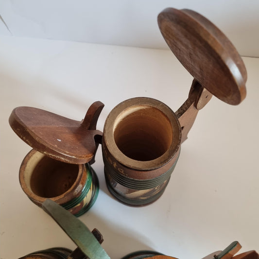 Vintage Kurbits Painted Wooden Tankard Set 4 – Hand-Painted Scandinavian Folk Art Decor Mugs with open lids showing interior details