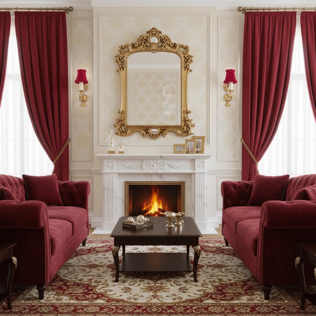 Vintage Rococo style gilded wall lamps pair with original velvet shades on elegant living room walls.