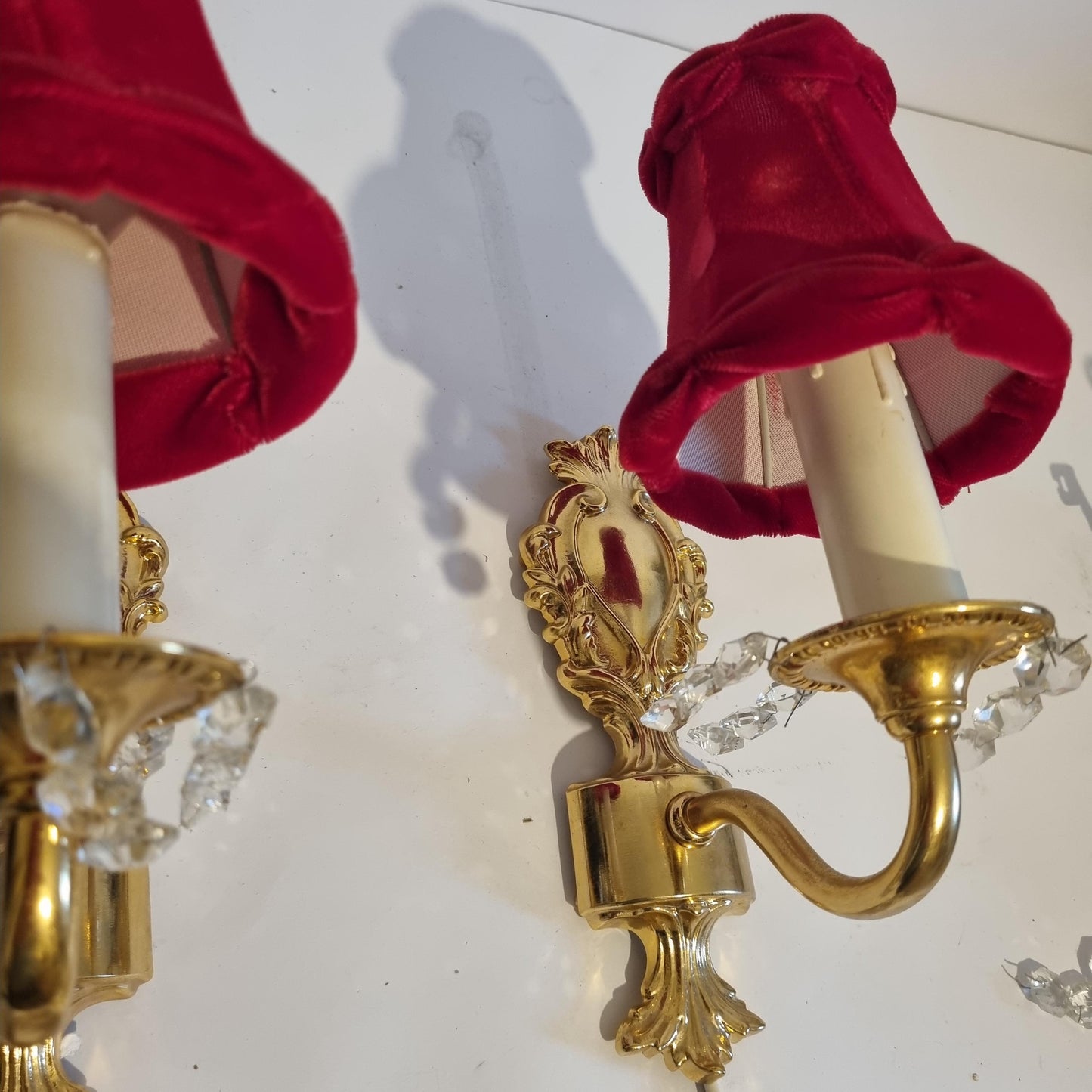 Vintage Rococo style gilded wall lamps pair with original velvet shades in deep red and crystal accents