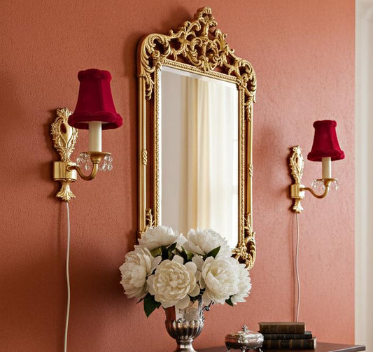 Vintage Rococo style gilded wall lamps pair with original velvet shades — vintage Scandinavian mid-century lamp, handmade in Sweden