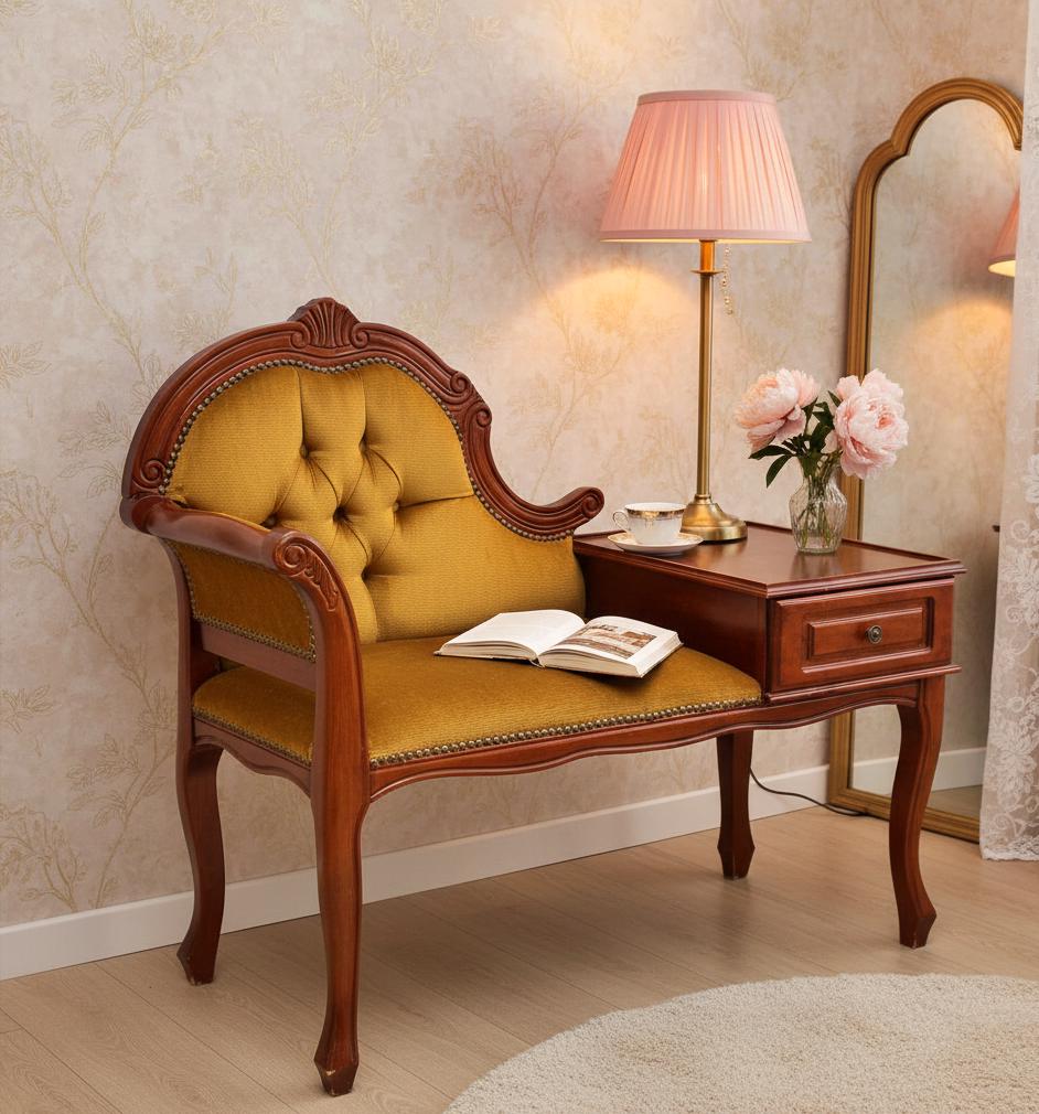 Vintage Gossip Bench with Drawer – Elegant Entryway Seat / Vanity Chair-Telefon bench in mustard upholstery with wooden frame and drawer