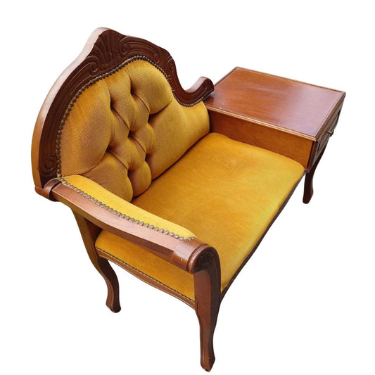 Vintage Gossip Bench with Drawer – Elegant Entryway Seat / Vanity Chair-Telefon bench with carved wood and mustard upholstery.