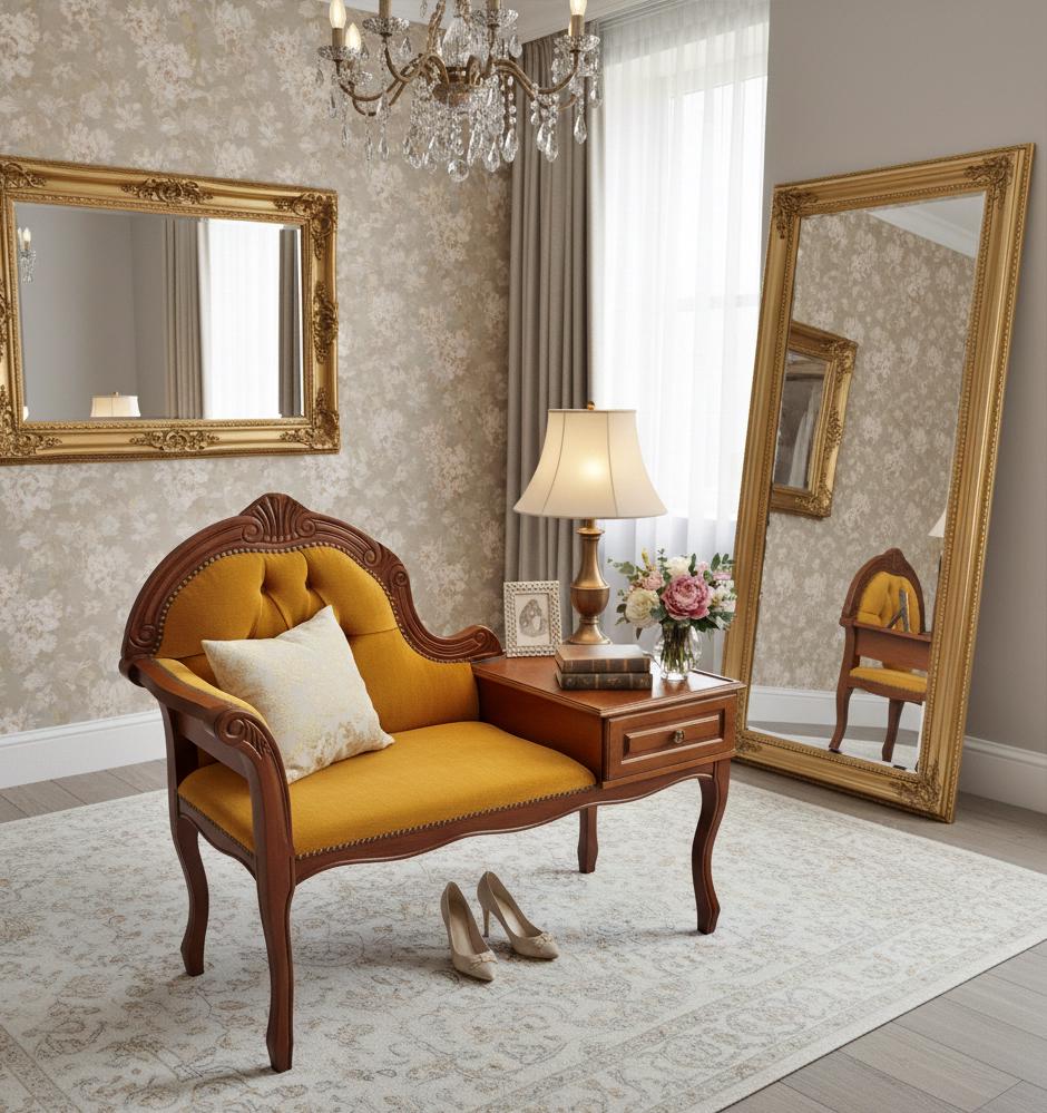 Vintage Gossip Bench with Drawer – Elegant Entryway Seat / Vanity Chair-Telefon bench in a classic setting with floral wallpaper and gold mirrors