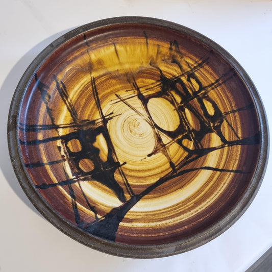 Inge Lise Eder Ceramic Bowl – Danish Studio Pottery 1960s with abstract brown and yellow glaze design