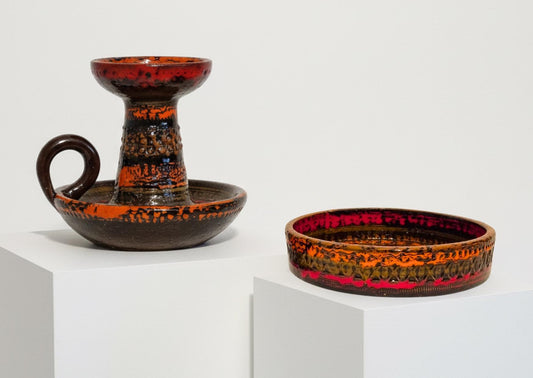West German Fat Lava Pottery Set – Candlestick & Dish, 1960s Brutalist with textured orange and red glaze