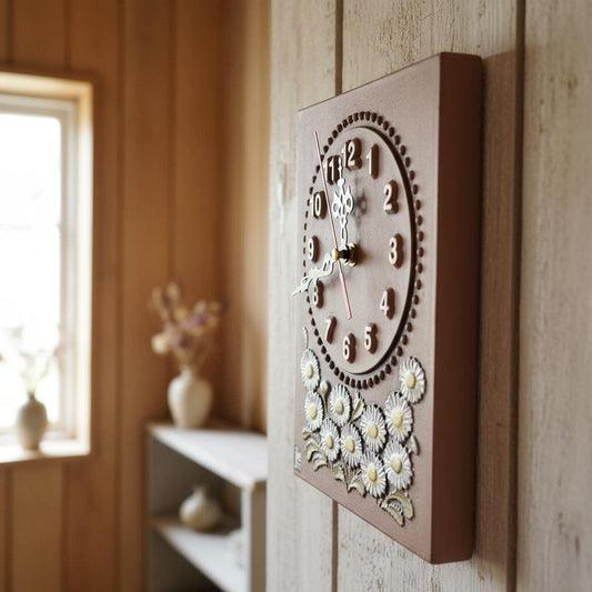 JIE Keramik Gantofta Wall Clock – Prästkrage, Sweden 1970s with floral ceramic design on wood wall