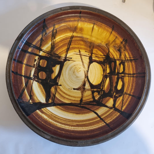 Inge Lise Eder Ceramic Bowl – Danish Studio Pottery 1960s with abstract brown and yellow glaze design