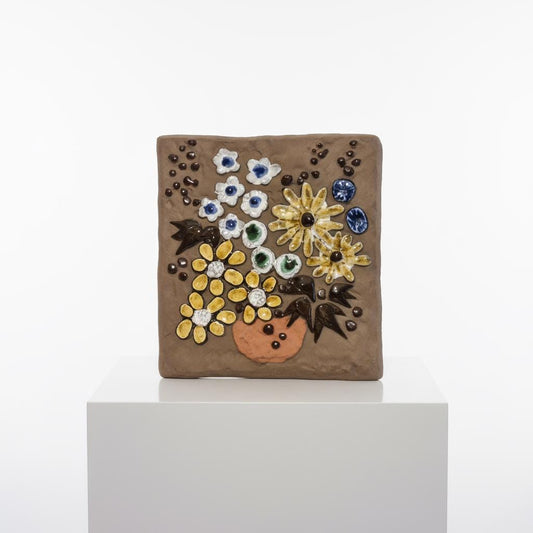 Vintage Swedish Ceramic Wall Plaque – Handcrafted Floral Relief, Signed SWEDEN 759 with colorful flowers on brown background