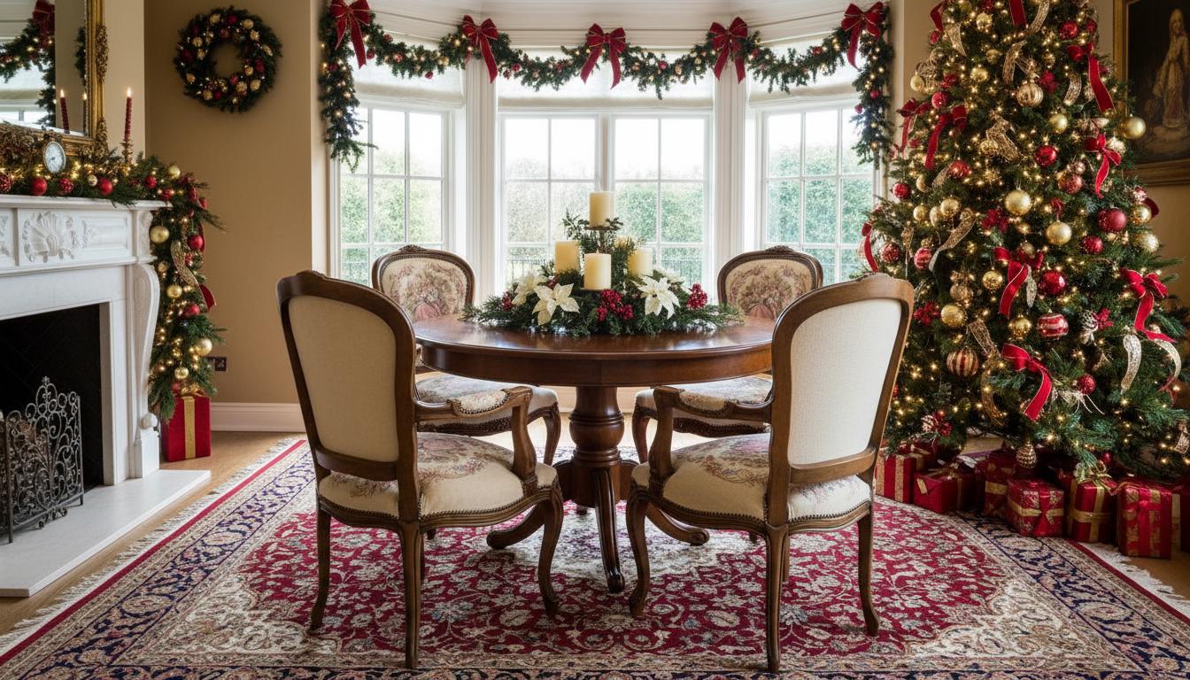 Louis XV–Style Dining Set | Extendable table with 4 Needlepoint Armchairs -Rococo dining set in festive decorated room