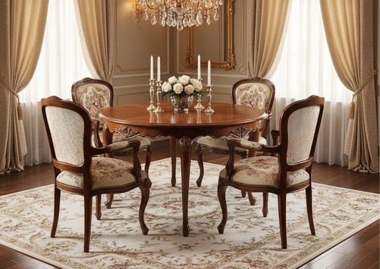 Louis XV–Style Dining Set | Extendable table with 4 Needlepoint Armchairs -Rococo dining set in elegant vintage room setting