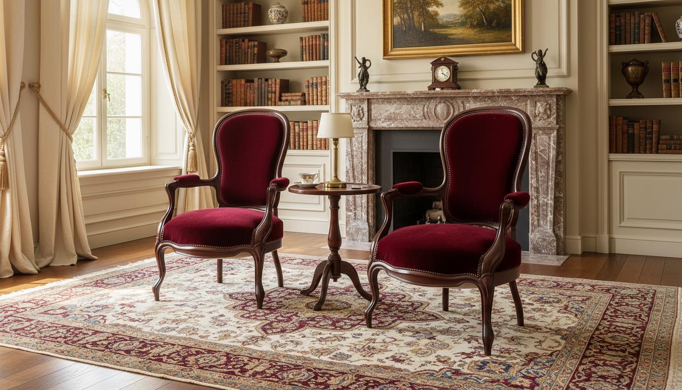 Vintage French Baroque Louis XV Armchairs – Rococo Revival Red Velvet Chairs in elegant classic library setting with fireplace.