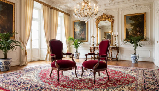 Vintage French Baroque Louis XV Armchairs – Rococo Revival Red Velvet Chairs in elegant classical room with chandelier and ornate mirror