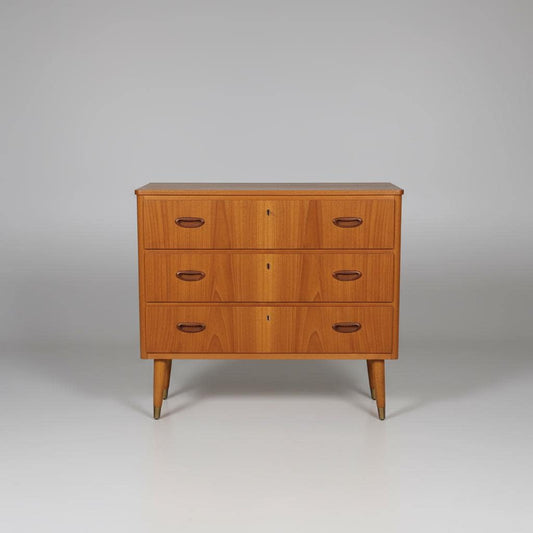 Mid-Century Modern Teak 3-Drawer Chest – Danish Design, 1960s with tapered legs and wood grain finish