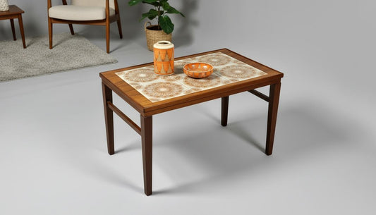 Vintage Danish Teak & Mahogany Coffee Table with Ceramic Tile Inlay – 1960s MCM in a minimalist Scandinavian decor setting