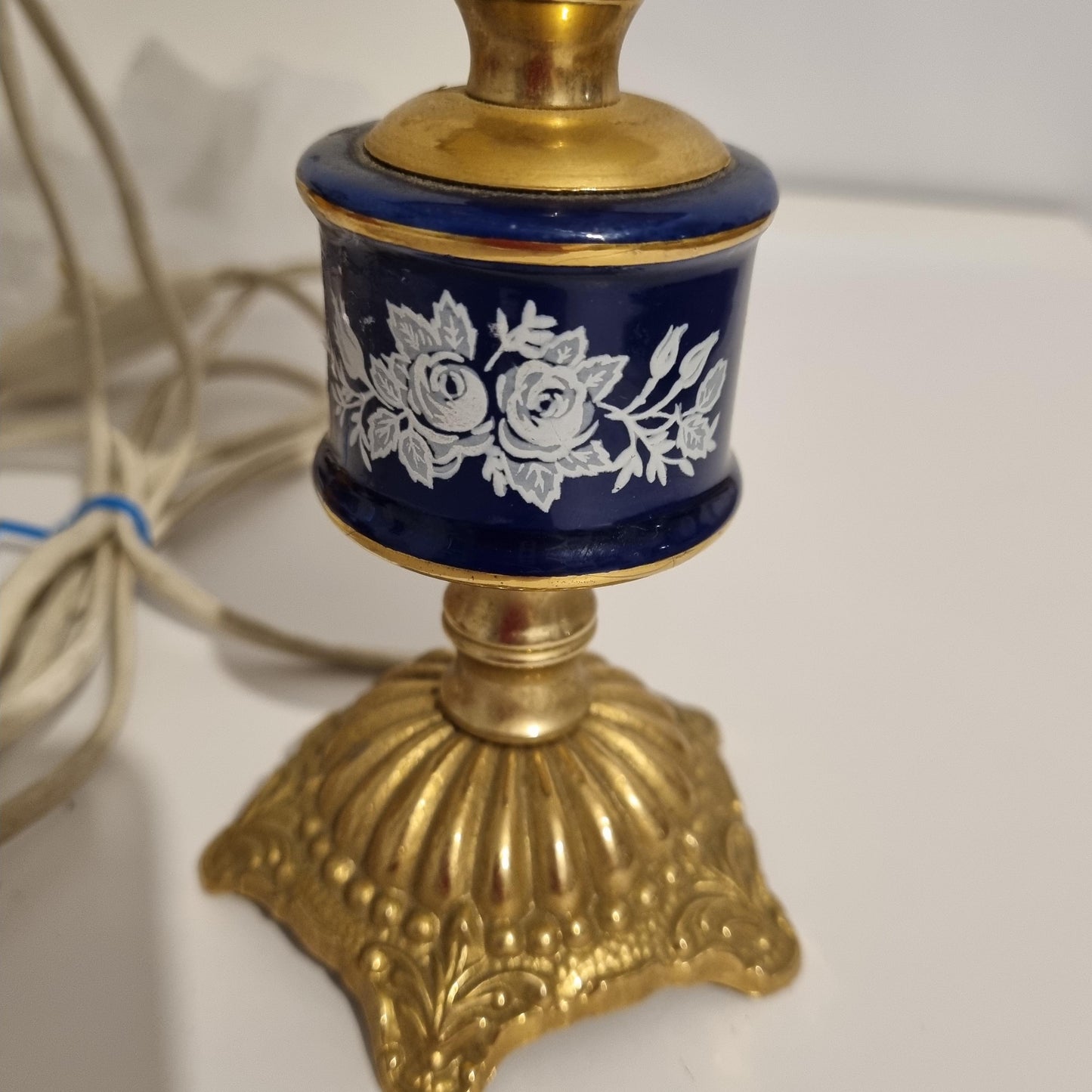 Vintage Swedish Rococo Table Lamp – Ceramic and Brass with Pleated Shade featuring detailed floral ceramic and ornate brass base