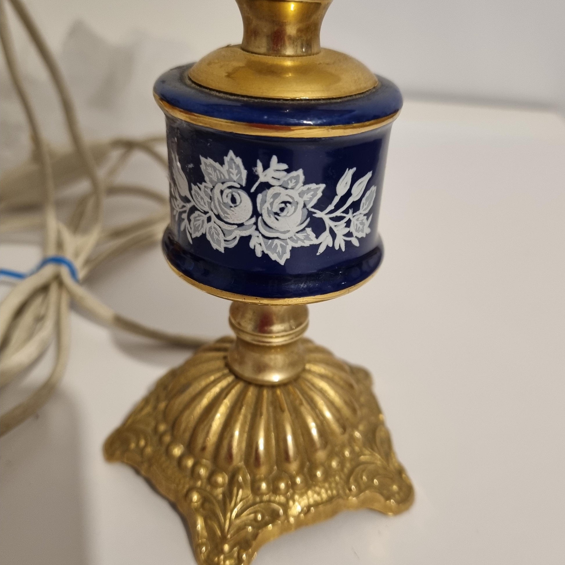 Vintage Swedish Rococo Table Lamp – Ceramic and Brass with Pleated Shade featuring detailed floral ceramic and ornate brass base
