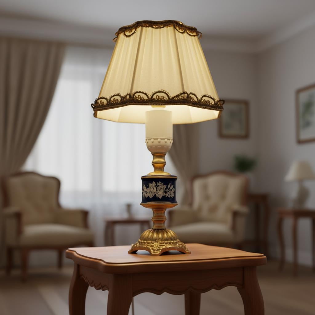 Vintage Swedish Rococo Table Lamp – Ceramic and Brass with Pleated Shade on wooden table in elegant living room