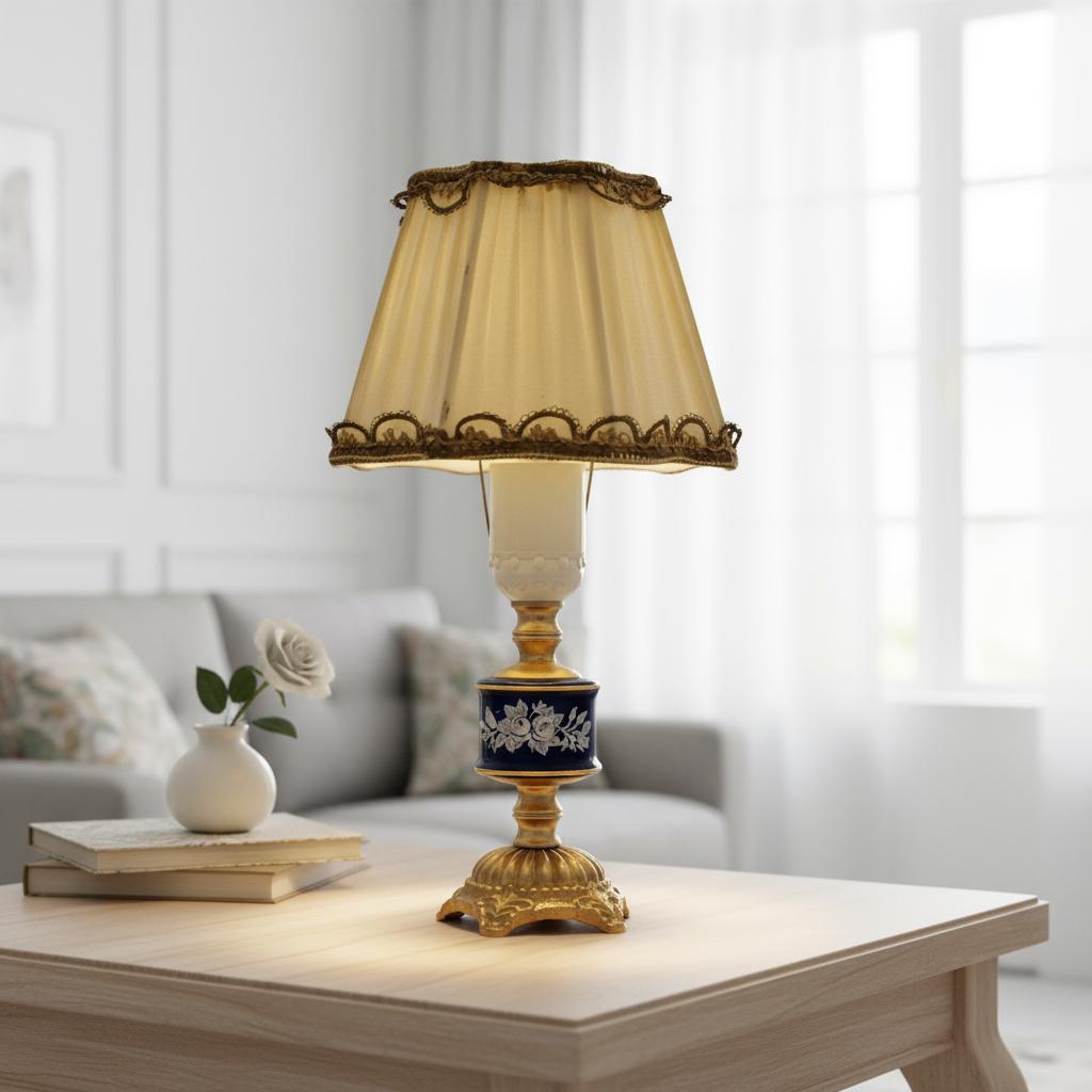Vintage Swedish Rococo Table Lamp – Ceramic and Brass with Pleated Shade on wooden table in bright living room