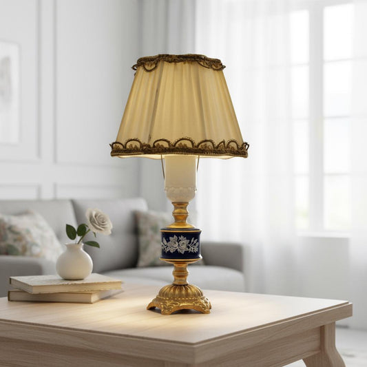 Vintage Swedish Rococo Table Lamp – Ceramic and Brass with Pleated Shade on wooden table in bright living room