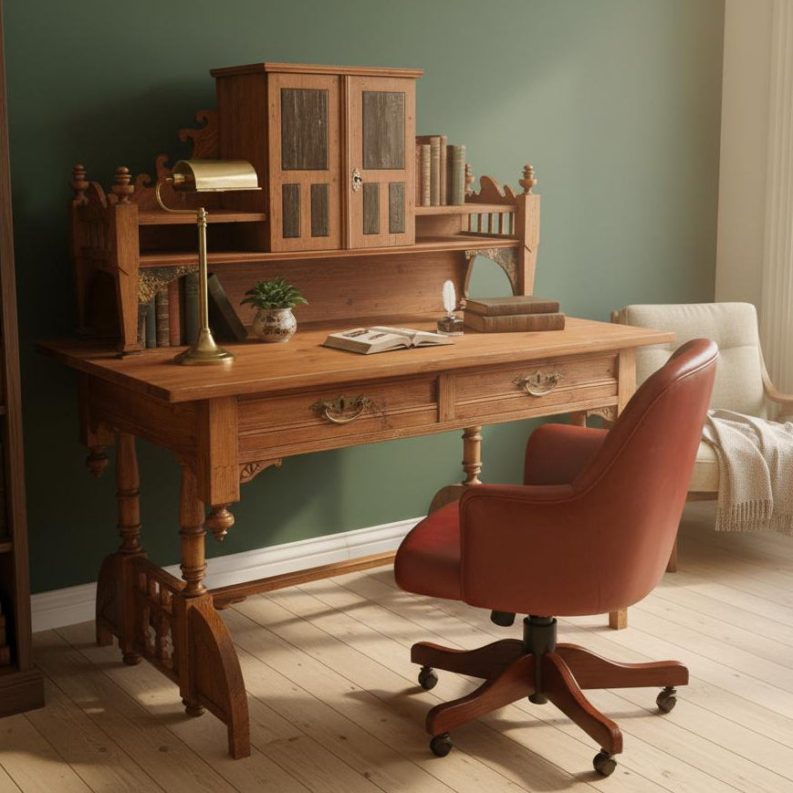 Antique Writing Desk – Original 19th Century Piece with Natural Patina shown in classic room with leather chair and brass lamp