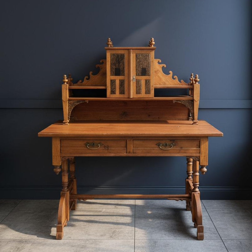 Antique Writing Desk – Original 19th Century Piece with Natural Patina in warm wood tones against dark wall