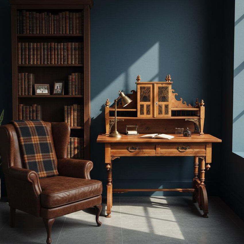 Antique Writing Desk – Original 19th Century Piece with Natural Patina in a cozy study with leather armchair and bookshelf.