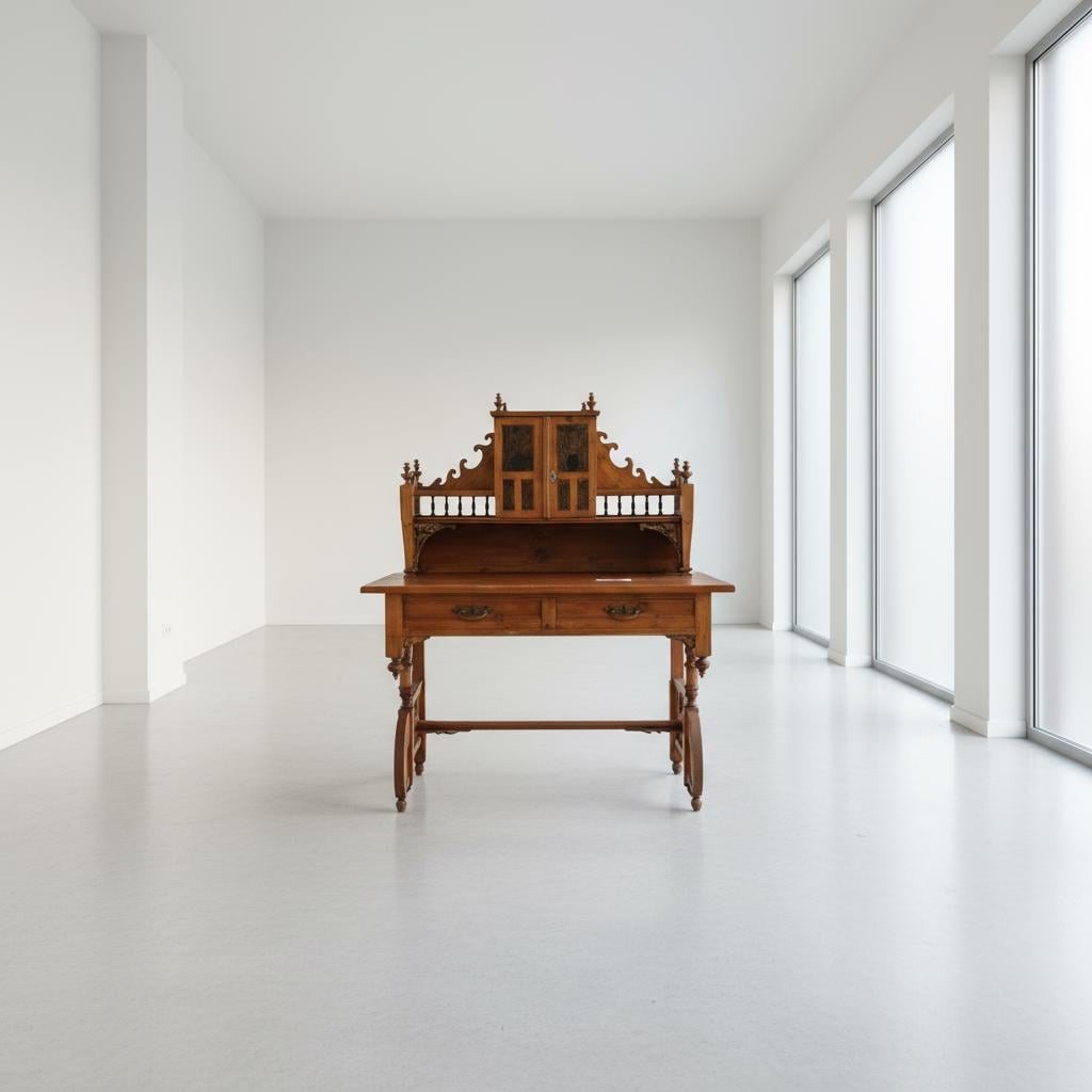 Antique Writing Desk – Original 19th Century Piece with Natural Patina wooden desk in bright minimalist room with large windows