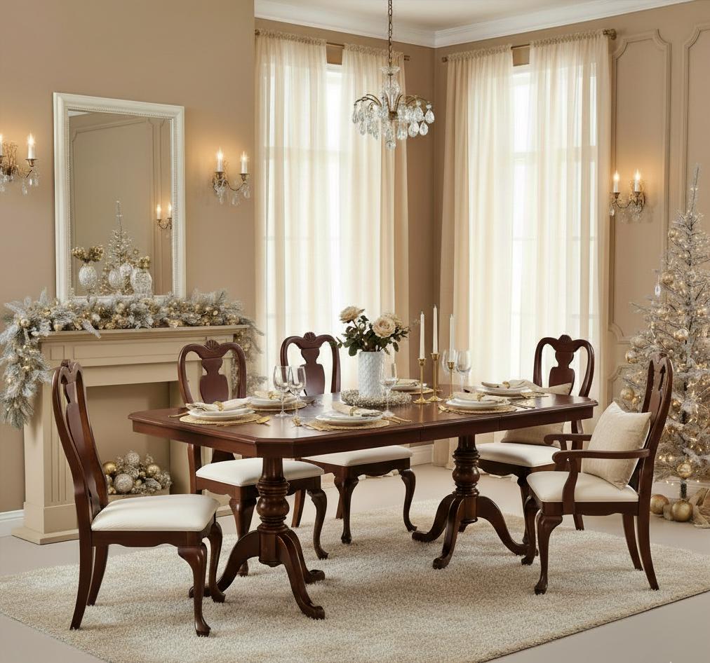Vintage Solid Mahogany Queen Anne Dining Set • 6 Chairs + Extendable Table • Holiday Ready • Classic Dining Room Furniture in elegant setting