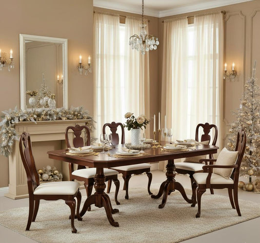 Vintage Solid Mahogany Queen Anne Dining Set • 6 Chairs + Extendable Table • Holiday Ready • Classic Dining Room Furniture in elegant setting