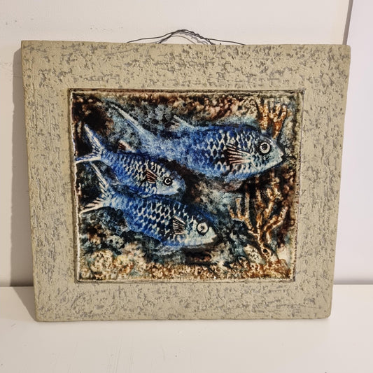 Karlsruher Majolika Ceramic Wall Plaque – Handcrafted Germany 1950s with three blue fish and coral motif vintage design