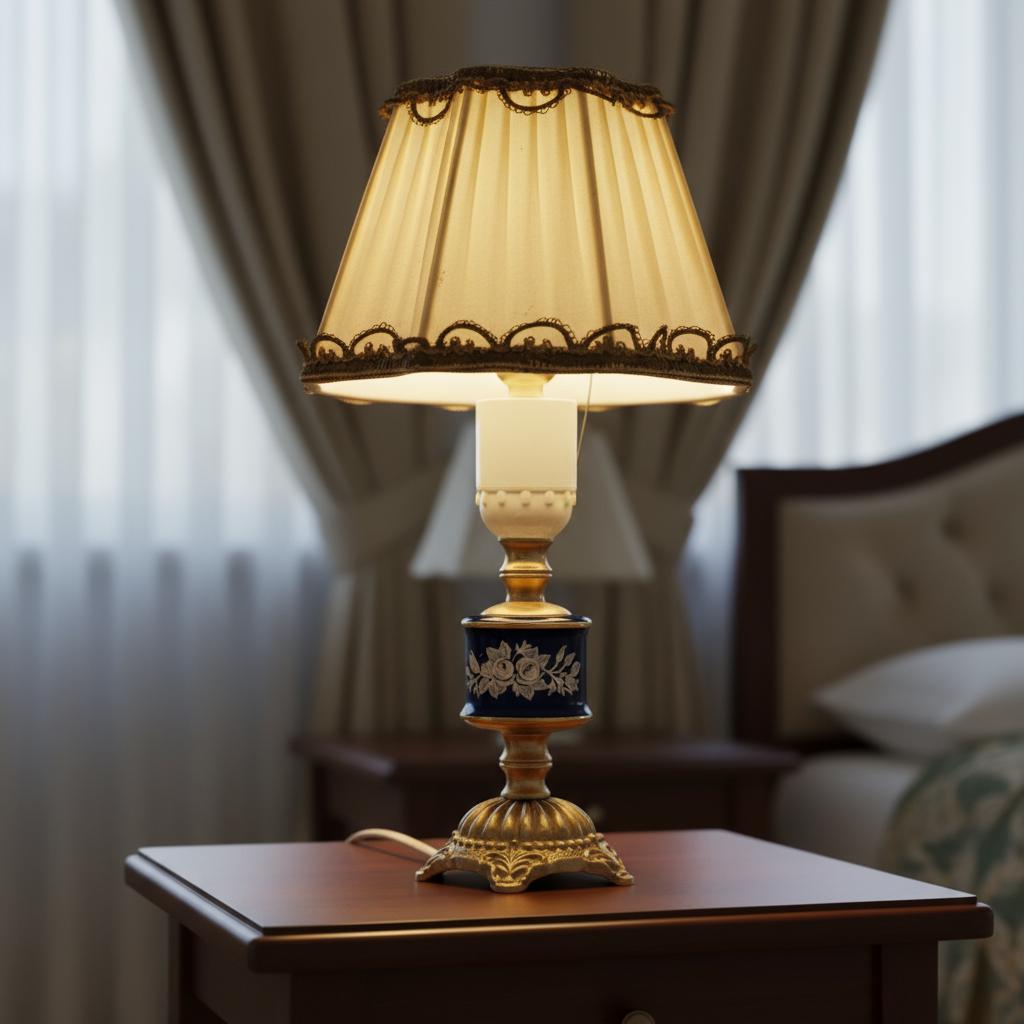 Vintage Swedish Rococo Table Lamp – Ceramic and Brass with Pleated Shade glowing softly on wooden bedside table in cozy room