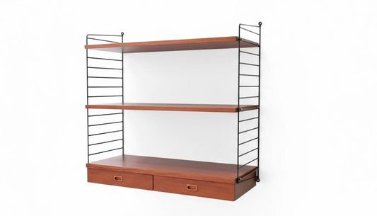 Danish Teak String Shelf with Drawers – 1960s Scandinavian Wall Unit featuring teak shelves and black metal frame