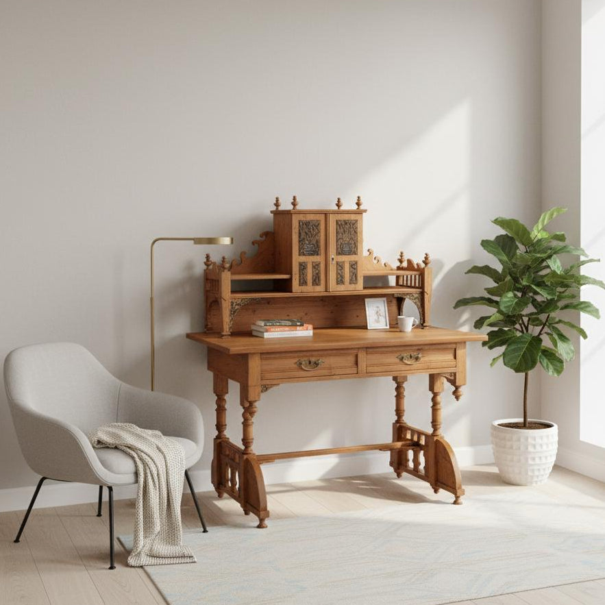 Antique Writing Desk – Original 19th Century Piece with Natural Patina in a bright room with chair and plant nearby