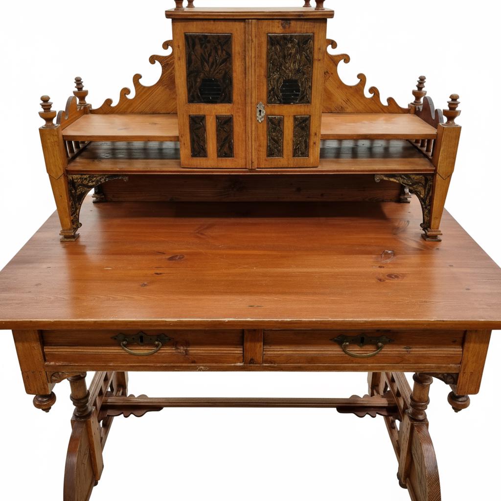 Antique Writing Desk – Original 19th Century Piece with Natural Patina featuring intricate woodwork and carved decorative details