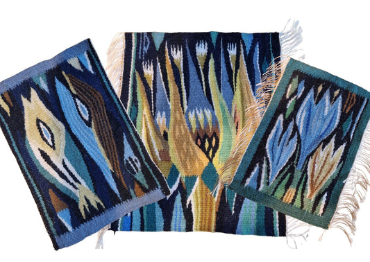 Scandinavian Folk Art Woven Set - Three 1960s Swedish Textile Wall Hangings - Mid-Century Floral Design featuring blue and green hues.