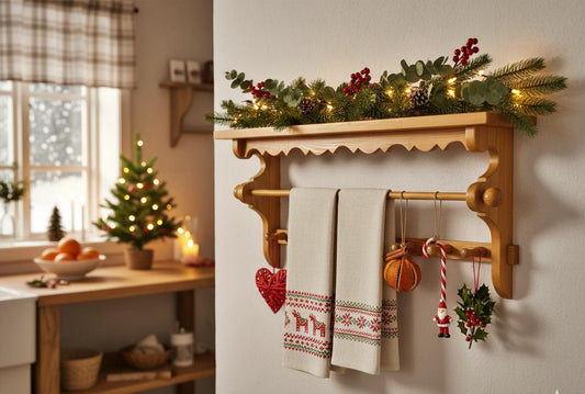 Rustic Pine Wall Shelf with Peg Hooks & Towel Bar: Farmhouse Kitchen Organizer decorated with holiday greenery and hanging towels and ornaments