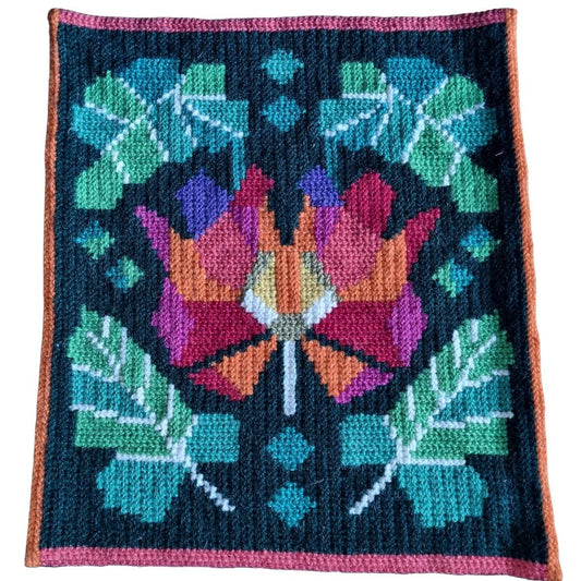 Vintage Handwoven Swedish Tapestry | Folk Floral Textile Art with vibrant geometric flower and leaf patterns on dark background