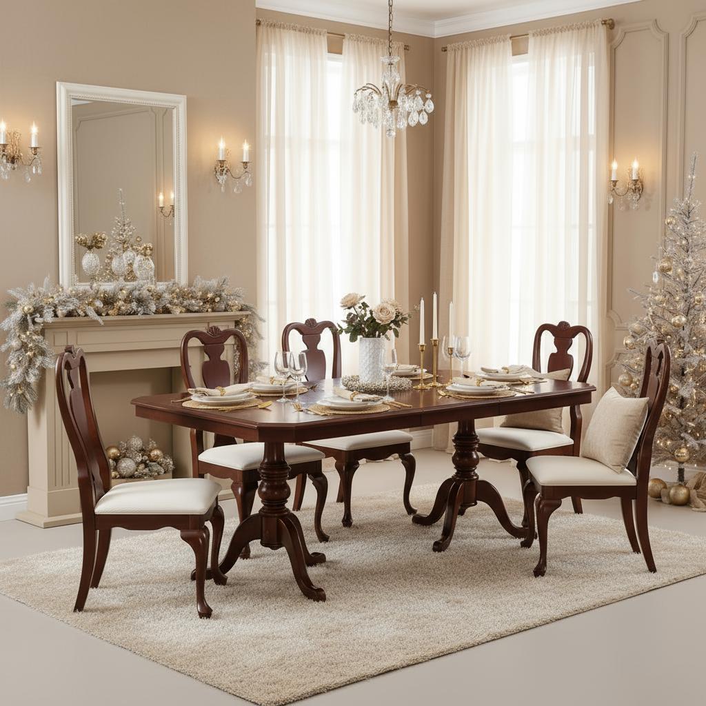 Vintage Solid Mahogany Queen Anne Dining Set • 6 Chairs + Extendable Table • Holiday Ready • Classic Dining Room Furniture in elegant setting