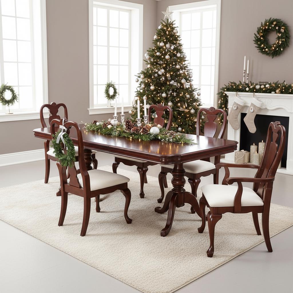 Vintage Solid Mahogany Queen Anne Dining Set • 6 Chairs + Extendable Table • Holiday Ready • Classic Dining Room Furniture in festive room