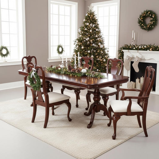 Vintage Solid Mahogany Queen Anne Dining Set • 6 Chairs + Extendable Table • Holiday Ready • Classic Dining Room Furniture in festive room