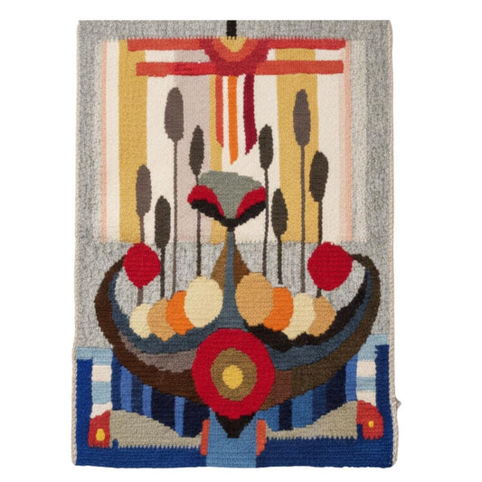 Vintage Viking Ship Tapestry | Mid-Century Modern Woven Wall Art featuring abstract Nordic folk art and handwoven textiles design.