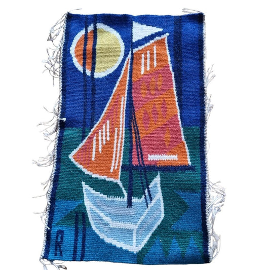 Vintage Viking Ship Tapestry | 1970s Mid-Century Modern Woven Wall Art with nautical sailboat design and vibrant colors.