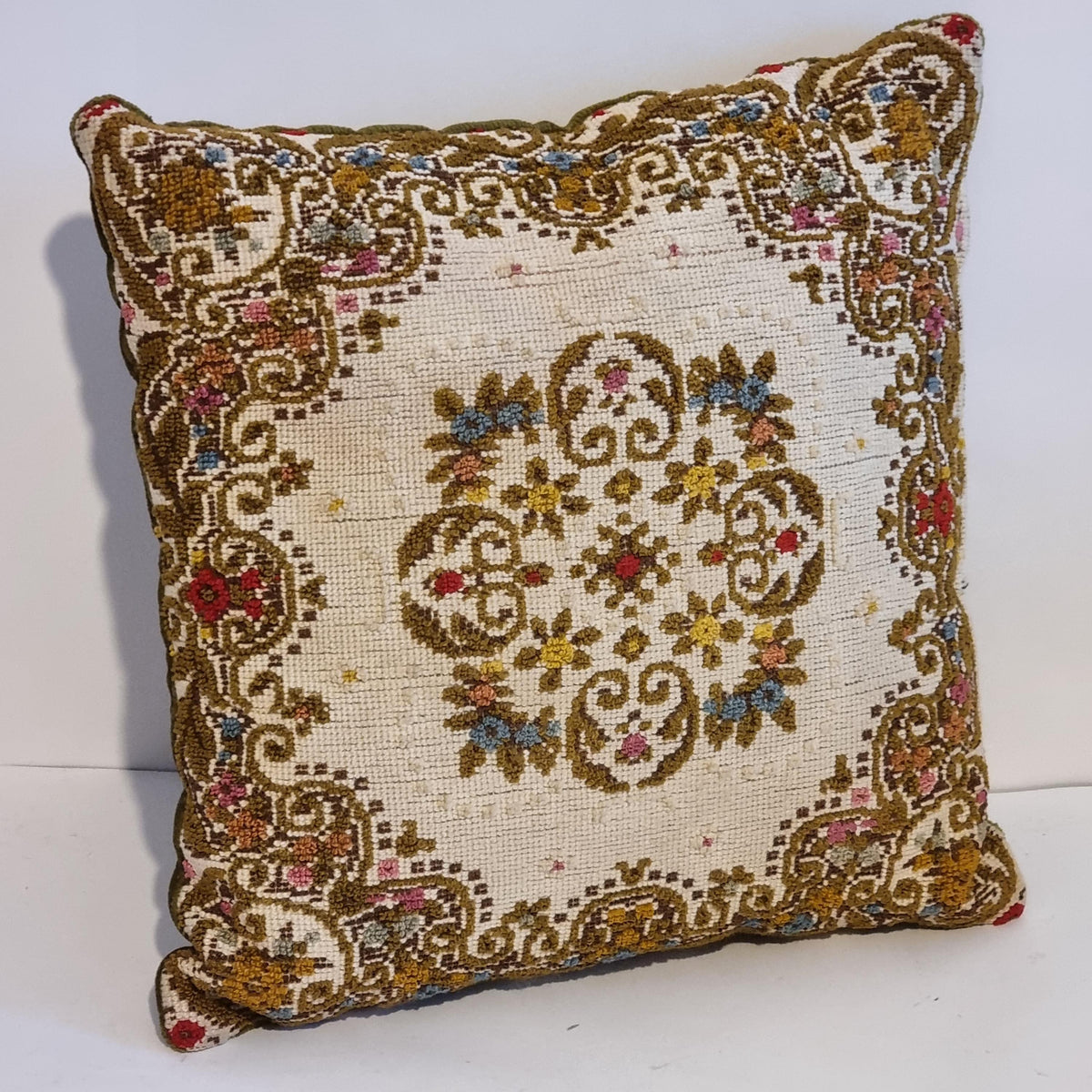Antique Needlepoint Cushion – Ornate Folk Embroidery Pillow in Warm Earthy Tones