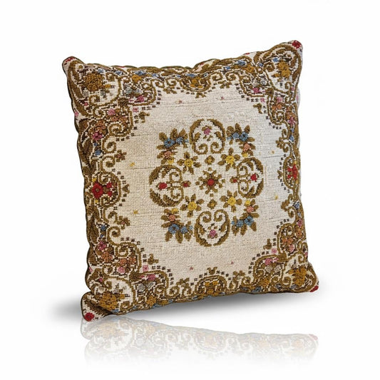 Antique Needlepoint Cushion – Ornate Folk Embroidery Pillow in Warm Earthy Tones