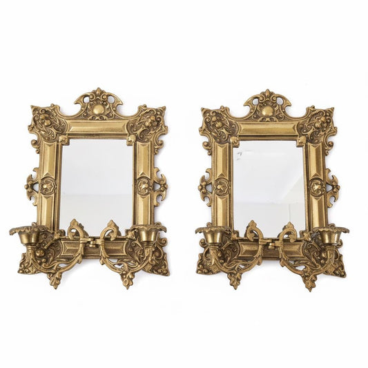 Antique Brass Mirrored Sconces, European Candle Holders, 1800s, Pair