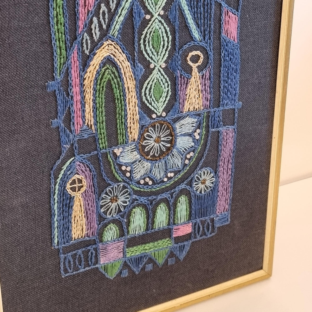 Vintage Scandinavian Embroidered Textile Wall Art, Solid Teak Framed Mid-Century Modern Needlework, 1960s Nordic Folk Design