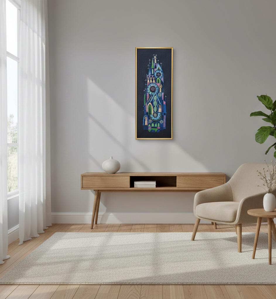 Vintage Scandinavian Embroidered Textile Wall Art, Solid Teak Framed Mid-Century Modern Needlework, 1960s Nordic Folk Design