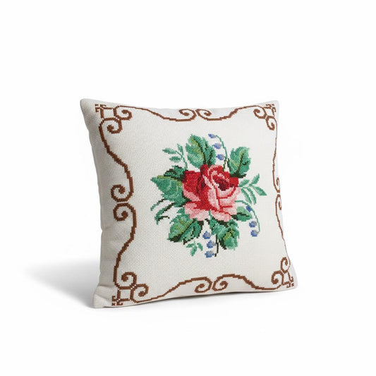 Vintage Hand Embroidered Pillow – Cross Stitch Cushion with Roses – Colorful Boho Home Decor