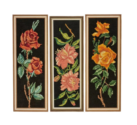 Vintage Embroidered Floral Wall Art set - Cottagecore Botanical Decor
